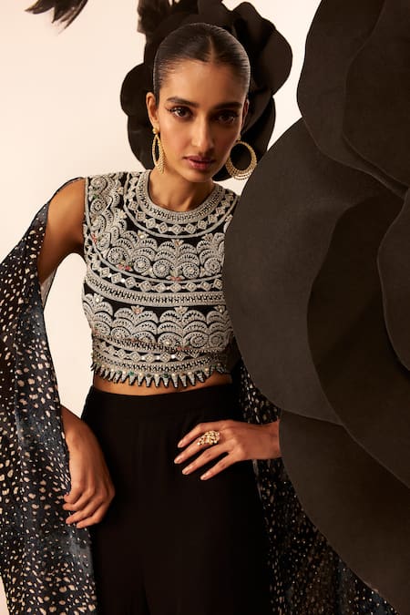 Bhumika Sharma_Black Georgette Embroidery Round Neck Rosette Print Blouse And Pant_Online_at_Aza_Fashions
