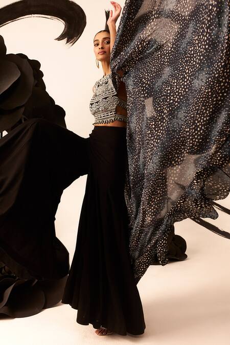 Buy_Bhumika Sharma_Black Georgette Embroidery Round Neck Rosette Print Blouse And Pant_Online_at_Aza_Fashions