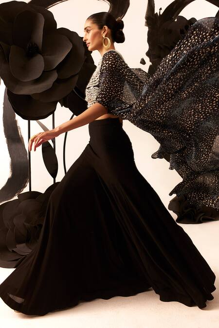 Shop_Bhumika Sharma_Black Georgette Embroidery Round Neck Rosette Print Blouse And Pant_Online_at_Aza_Fashions