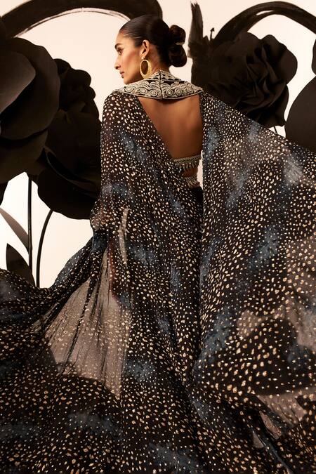 Buy_Bhumika Sharma_Black Georgette Embroidery Round Neck Rosette Print Blouse And Pant