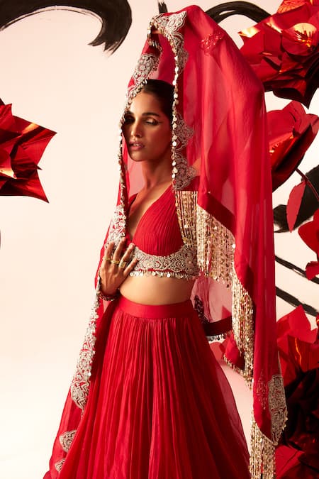 Bhumika Sharma_Red Organza, Georgette Embroidery V-neck Bustier Lehenga Set _Online_at_Aza_Fashions