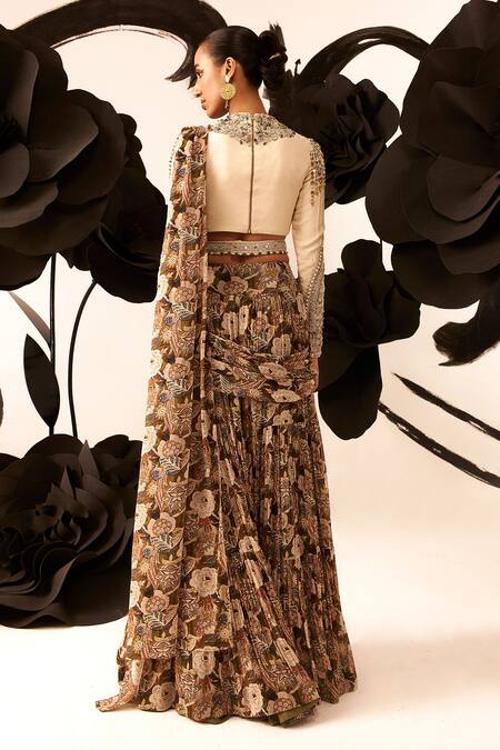 Shop Bhumika Sharma Brown Silk, Georgette Embroidery Round Floral Print Palazzo Saree With Blouse at Aza Fashions Shop_Bhumika Sharma_Brown Silk, Georgette Embroidery Round Floral Print Palazzo Saree With Blouse_at_Aza_Fashions