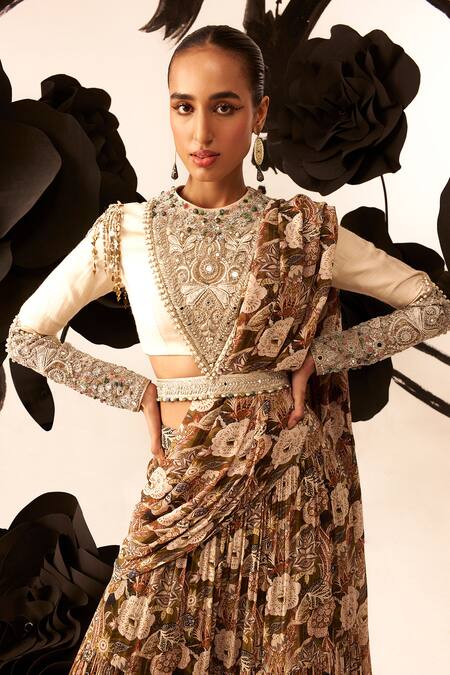 Bhumika Sharma Brown Silk, Georgette Embroidery Round Floral Print Palazzo Saree With Blouse Online at Aza Fashions Bhumika Sharma_Brown Silk, Georgette Embroidery Round Floral Print Palazzo Saree With Blouse_Online_at_Aza_Fashions