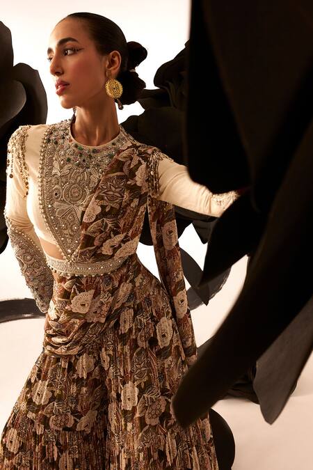 Buy Bhumika Sharma Brown Silk, Georgette Embroidery Round Floral Print Palazzo Saree With Blouse Online at Aza Fashions Buy_Bhumika Sharma_Brown Silk, Georgette Embroidery Round Floral Print Palazzo Saree With Blouse_Online_at_Aza_Fashions