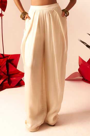 Bhumika Sharma_Ivory Net, Twill Beads, Mirrors, Sequins, And Embroidered Blouse With Pant _Online_at_Aza_Fashions