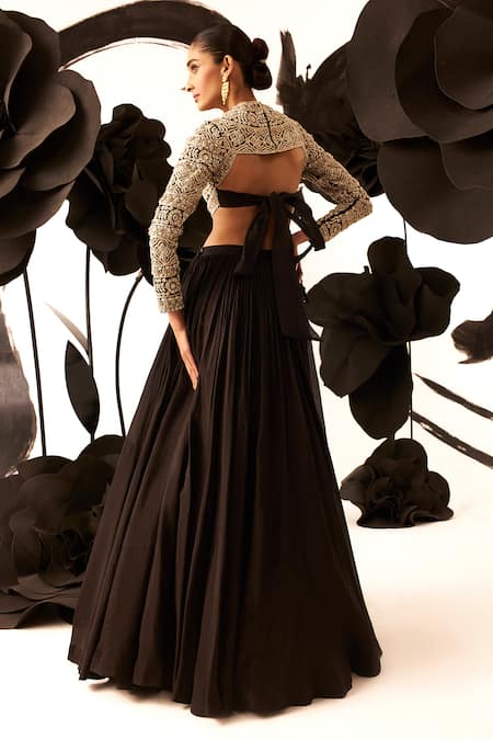 Shop Bhumika Sharma Black Organza, Net Pearls, Persian Fleur Embroidered Blouse With Gathered Skirt at Aza Fashions Shop_Bhumika Sharma_Black Organza, Net Pearls, Persian Fleur Embroidered Blouse With Gathered Skirt _at_Aza_Fashions