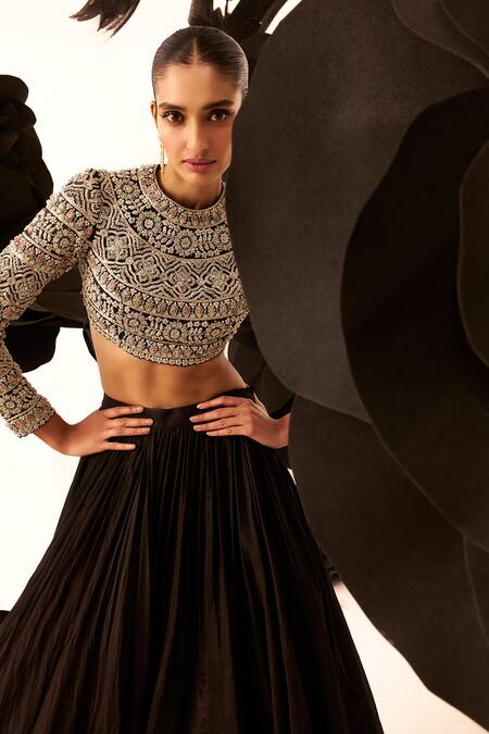 Buy Bhumika Sharma Black Organza, Net Pearls, Persian Fleur Embroidered Blouse With Gathered Skirt Online at Aza Fashions Buy_Bhumika Sharma_Black Organza, Net Pearls, Persian Fleur Embroidered Blouse With Gathered Skirt _Online_at_Aza_Fashions