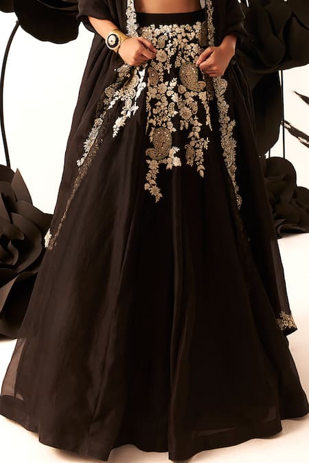 Bhumika Sharma_Black Organza, Net Pearls, French Paisley Embroidered Lehenga Bustier Set _Online_at_Aza_Fashions