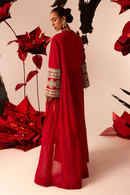Shop_Bhumika Sharma_Red Embroidered Sleeves Jacket With Embellished Border Pre-draped Saree _at_Aza_Fashions
