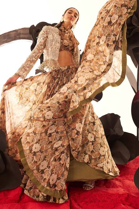 Bhumika Sharma_Brown Organza, Net Embroidery, Sequins Turtle Abstract Floral Print Lehenga Set_Online_at_Aza_Fashions