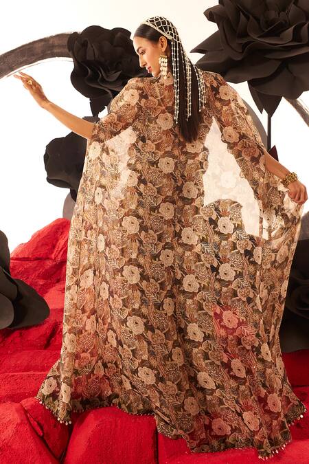 Shop Bhumika Sharma Brown Organza, Georgette Embroidery, Abstract Floral Print Cape Gharara Set at Aza Fashions Shop_Bhumika Sharma_Brown Organza, Georgette Embroidery, Abstract Floral Print Cape Gharara Set_at_Aza_Fashions