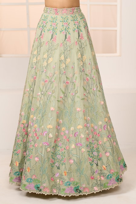 Buy_Aariyana Couture_Green Viscose, Net Embroidery Halter Neck Floral Garden Lehenga Set _Online_at_Aza_Fashions