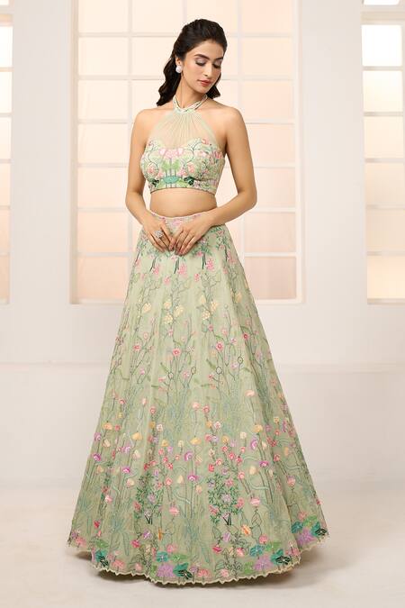 Shop_Aariyana Couture_Green Viscose, Net Embroidery Halter Neck Floral Garden Lehenga Set _Online_at_Aza_Fashions
