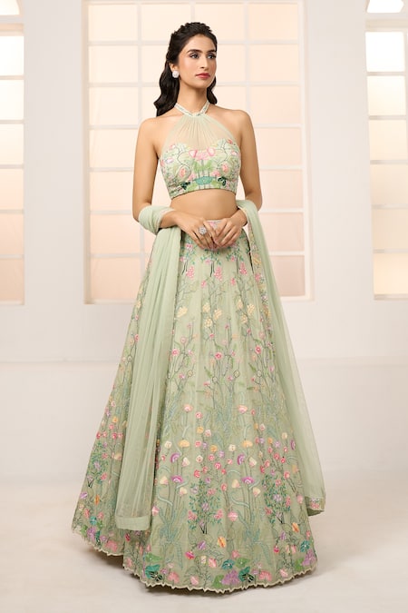 Aariyana Couture_Green Viscose, Net Embroidery Halter Neck Floral Garden Lehenga Set _at_Aza_Fashions