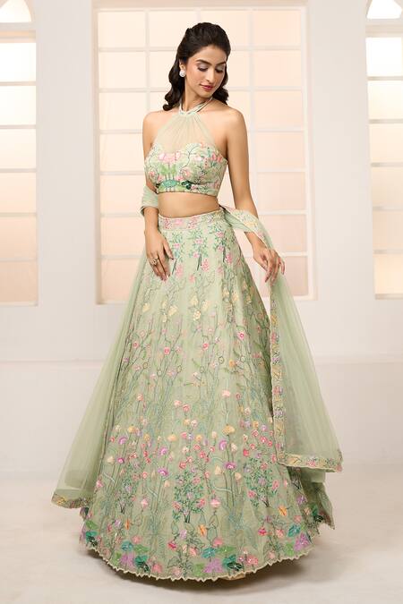Buy_Aariyana Couture_Green Viscose, Net Embroidery Halter Neck Floral Garden Lehenga Set 