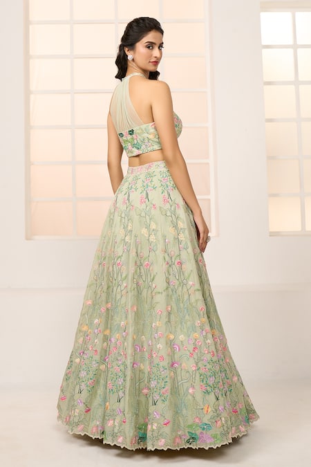 Aariyana Couture_Green Viscose, Net Embroidery Halter Neck Floral Garden Lehenga Set _Online_at_Aza_Fashions