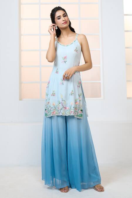 Aariyana Couture Blue Viscose, Georgette, Net Embroidery Scoop Floral Garden Kurta Sharara Set Online at Aza Fashions Aariyana Couture_Blue Viscose, Georgette, Net Embroidery Scoop Floral Garden Kurta Sharara Set_Online_at_Aza_Fashions