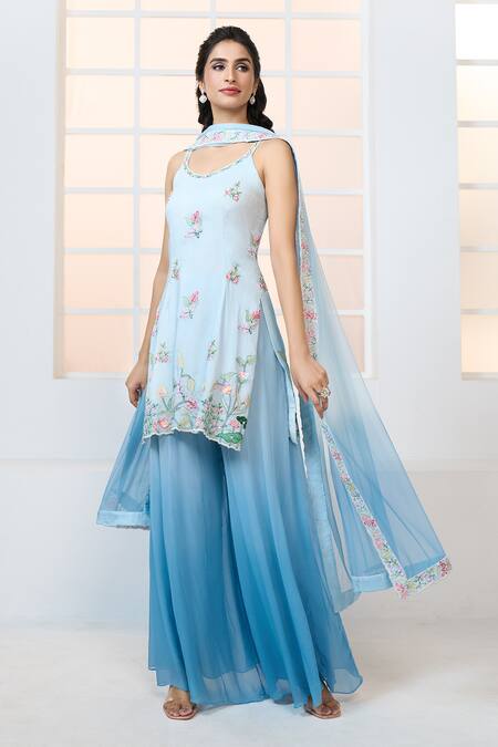 Buy Aariyana Couture Blue Viscose, Georgette, Net Embroidery Scoop Floral Garden Kurta Sharara Set Online at Aza Fashions Buy_Aariyana Couture_Blue Viscose, Georgette, Net Embroidery Scoop Floral Garden Kurta Sharara Set_Online_at_Aza_Fashions