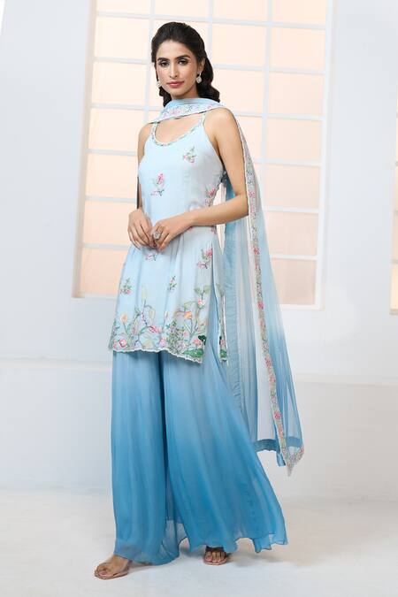 Shop Aariyana Couture Blue Viscose, Georgette, Net Embroidery Scoop Floral Garden Kurta Sharara Set Online at Aza Fashions Shop_Aariyana Couture_Blue Viscose, Georgette, Net Embroidery Scoop Floral Garden Kurta Sharara Set_Online_at_Aza_Fashions