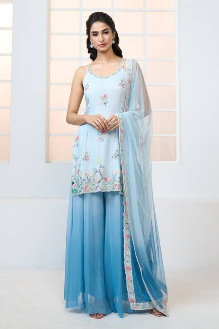 Aariyana Couture Blue Viscose, Georgette, Net Embroidery Scoop Floral Garden Kurta Sharara Set at Aza Fashions Aariyana Couture_Blue Viscose, Georgette, Net Embroidery Scoop Floral Garden Kurta Sharara Set_at_Aza_Fashions