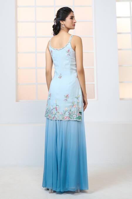 Shop Aariyana Couture Blue Viscose, Georgette, Net Embroidery Scoop Floral Garden Kurta Sharara Set Shop_Aariyana Couture_Blue Viscose, Georgette, Net Embroidery Scoop Floral Garden Kurta Sharara Set