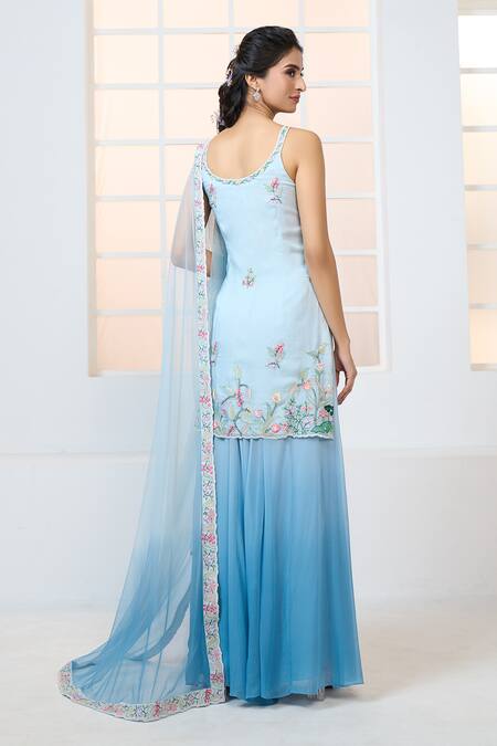 Shop Aariyana Couture Blue Viscose, Georgette, Net Embroidery Scoop Floral Garden Kurta Sharara Set at Aza Fashions Shop_Aariyana Couture_Blue Viscose, Georgette, Net Embroidery Scoop Floral Garden Kurta Sharara Set_at_Aza_Fashions