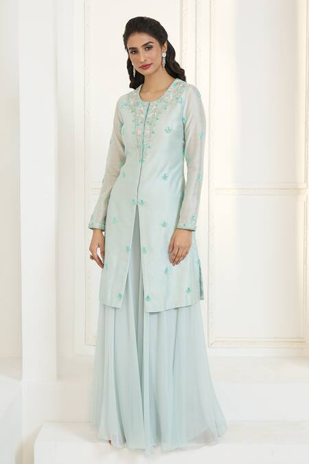 Aariyana Couture Blue Chanderi Silk, Viscose Embroidery Round Neck Floral Hand Kurta Sharara Set Online at Aza Fashions Aariyana Couture_Blue Chanderi Silk, Viscose Embroidery Round Neck Floral Hand Kurta Sharara Set_Online_at_Aza_Fashions