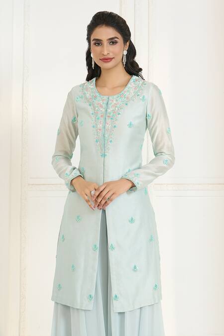 Buy Aariyana Couture Blue Chanderi Silk, Viscose Embroidery Round Neck Floral Hand Kurta Sharara Set Online at Aza Fashions Buy_Aariyana Couture_Blue Chanderi Silk, Viscose Embroidery Round Neck Floral Hand Kurta Sharara Set_Online_at_Aza_Fashions