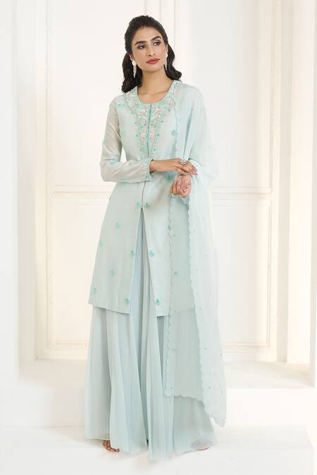 Shop Aariyana Couture Blue Chanderi Silk, Viscose Embroidery Round Neck Floral Hand Kurta Sharara Set Online at Aza Fashions Shop_Aariyana Couture_Blue Chanderi Silk, Viscose Embroidery Round Neck Floral Hand Kurta Sharara Set_Online_at_Aza_Fashions