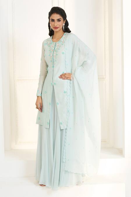 Aariyana Couture Blue Chanderi Silk, Viscose Embroidery Round Neck Floral Hand Kurta Sharara Set at Aza Fashions Aariyana Couture_Blue Chanderi Silk, Viscose Embroidery Round Neck Floral Hand Kurta Sharara Set_at_Aza_Fashions