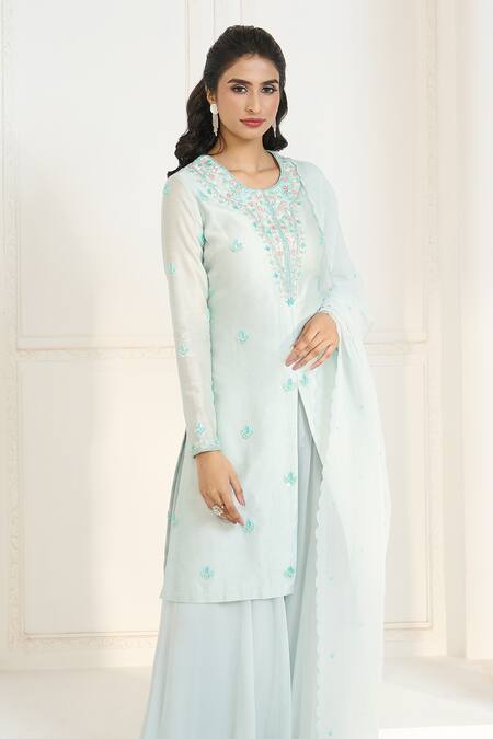 Buy Aariyana Couture Blue Chanderi Silk, Viscose Embroidery Round Neck Floral Hand Kurta Sharara Set Buy_Aariyana Couture_Blue Chanderi Silk, Viscose Embroidery Round Neck Floral Hand Kurta Sharara Set