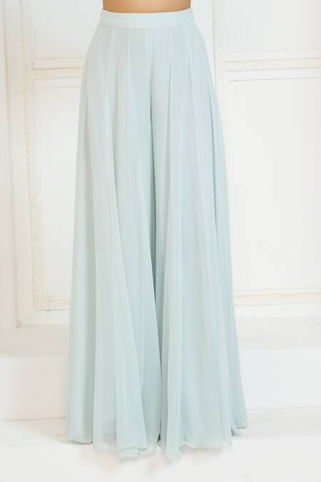 Shop Aariyana Couture Blue Chanderi Silk, Viscose Embroidery Round Neck Floral Hand Kurta Sharara Set Shop_Aariyana Couture_Blue Chanderi Silk, Viscose Embroidery Round Neck Floral Hand Kurta Sharara Set