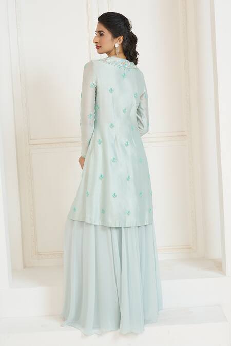 Shop Aariyana Couture Blue Chanderi Silk, Viscose Embroidery Round Neck Floral Hand Kurta Sharara Set at Aza Fashions Shop_Aariyana Couture_Blue Chanderi Silk, Viscose Embroidery Round Neck Floral Hand Kurta Sharara Set_at_Aza_Fashions
