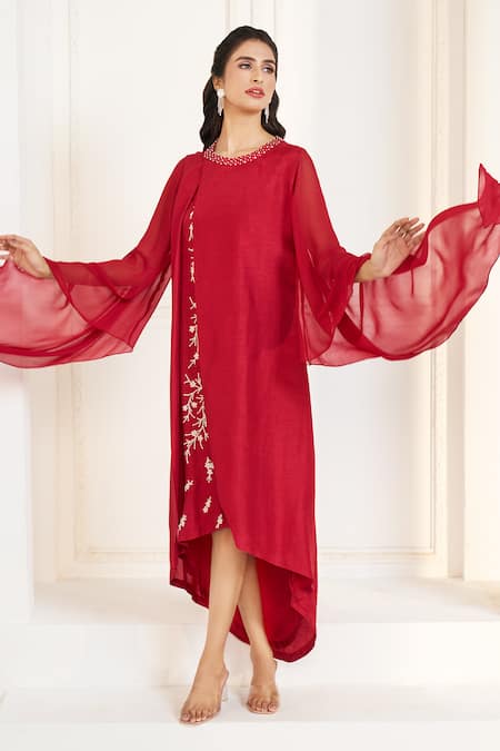 Aariyana Couture Red Viscose, Georgette, Tussar Embroidery Round Neck Layered And Draped Tunic Online at Aza Fashions Aariyana Couture_Red Viscose, Georgette, Tussar Embroidery Round Neck Layered And Draped Tunic_Online_at_Aza_Fashions