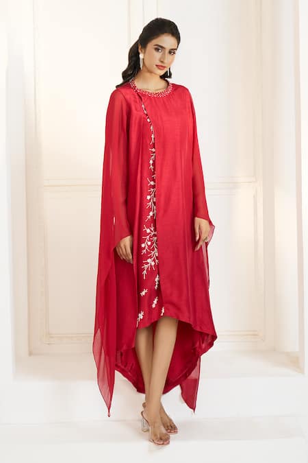 Buy Aariyana Couture Red Viscose, Georgette, Tussar Embroidery Round Neck Layered And Draped Tunic Online at Aza Fashions Buy_Aariyana Couture_Red Viscose, Georgette, Tussar Embroidery Round Neck Layered And Draped Tunic_Online_at_Aza_Fashions