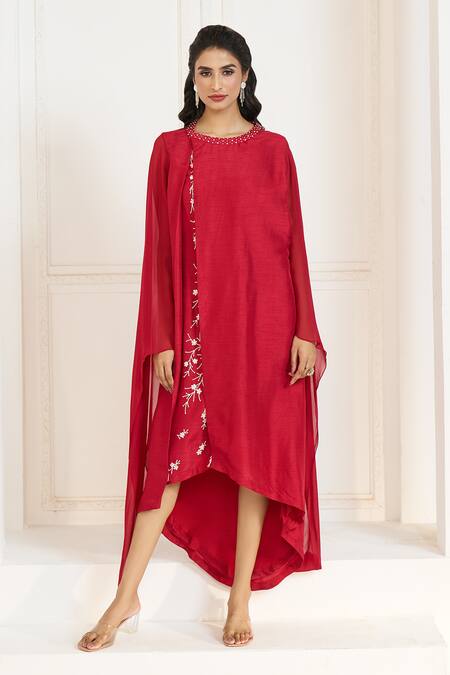 Shop Aariyana Couture Red Viscose, Georgette, Tussar Embroidery Round Neck Layered And Draped Tunic Online at Aza Fashions Shop_Aariyana Couture_Red Viscose, Georgette, Tussar Embroidery Round Neck Layered And Draped Tunic_Online_at_Aza_Fashions