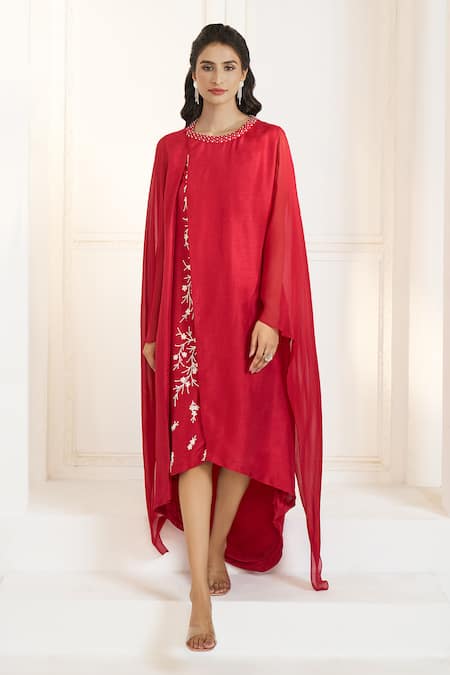 Aariyana Couture Red Viscose, Georgette, Tussar Embroidery Round Neck Layered And Draped Tunic at Aza Fashions Aariyana Couture_Red Viscose, Georgette, Tussar Embroidery Round Neck Layered And Draped Tunic_at_Aza_Fashions