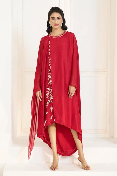Buy Aariyana Couture Red Viscose, Georgette, Tussar Embroidery Round Neck Layered And Draped Tunic Buy_Aariyana Couture_Red Viscose, Georgette, Tussar Embroidery Round Neck Layered And Draped Tunic