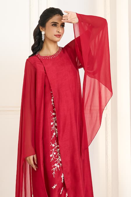 Shop Aariyana Couture Red Viscose, Georgette, Tussar Embroidery Round Neck Layered And Draped Tunic Shop_Aariyana Couture_Red Viscose, Georgette, Tussar Embroidery Round Neck Layered And Draped Tunic