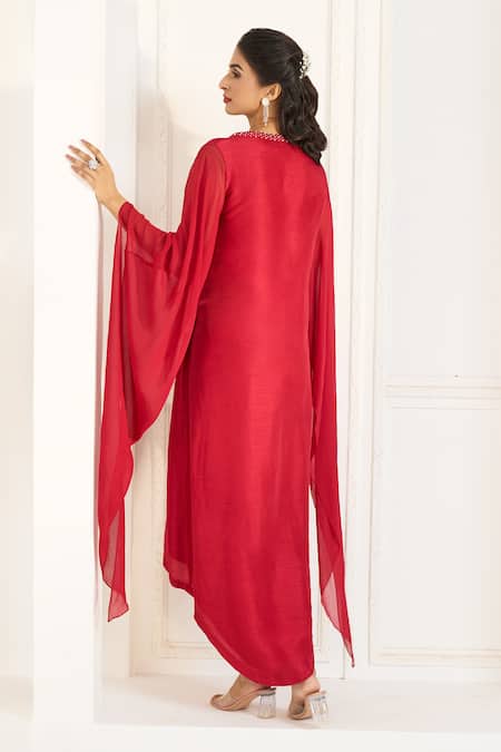 Shop Aariyana Couture Red Viscose, Georgette, Tussar Embroidery Round Neck Layered And Draped Tunic at Aza Fashions Shop_Aariyana Couture_Red Viscose, Georgette, Tussar Embroidery Round Neck Layered And Draped Tunic_at_Aza_Fashions