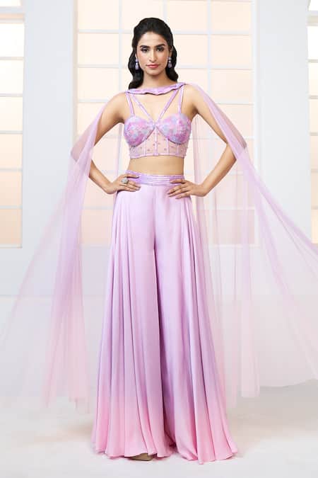 Aariyana Couture Purple Bustier- Butterfly Net Hand Corset Shaded Sharara Set 