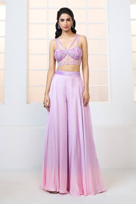 Buy Aariyana Couture Purple Net, Modal, Satin Sequins Embroidered Corset Shaded Sharara Set Online at Aza Fashions Buy_Aariyana Couture_Purple Net, Modal, Satin Sequins Embroidered Corset Shaded Sharara Set_Online_at_Aza_Fashions