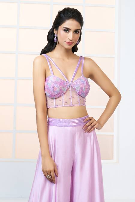 Shop Aariyana Couture Purple Net, Modal, Satin Sequins Embroidered Corset Shaded Sharara Set Online at Aza Fashions Shop_Aariyana Couture_Purple Net, Modal, Satin Sequins Embroidered Corset Shaded Sharara Set_Online_at_Aza_Fashions