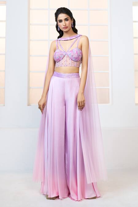 Buy Aariyana Couture Purple Net, Modal, Satin Sequins Embroidered Corset Shaded Sharara Set Buy_Aariyana Couture_Purple Net, Modal, Satin Sequins Embroidered Corset Shaded Sharara Set