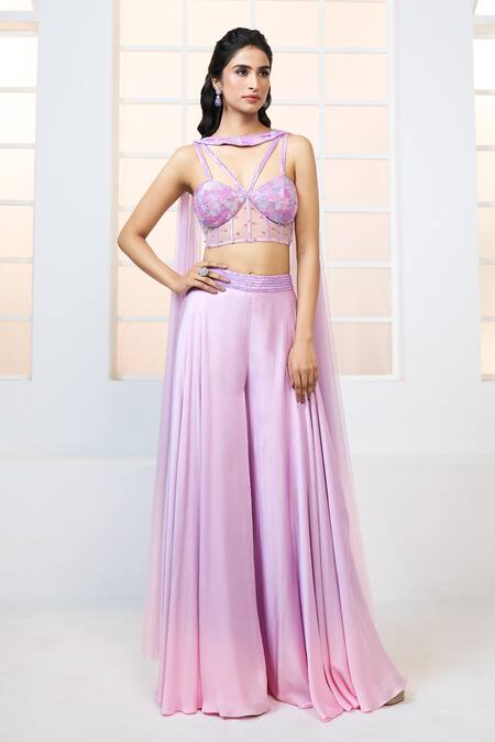 Shop Aariyana Couture Purple Net, Modal, Satin Sequins Embroidered Corset Shaded Sharara Set Shop_Aariyana Couture_Purple Net, Modal, Satin Sequins Embroidered Corset Shaded Sharara Set