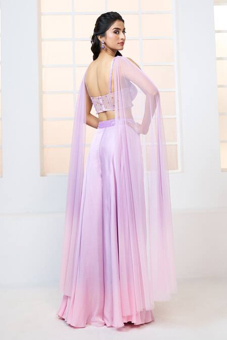 Shop Aariyana Couture Purple Net, Modal, Satin Sequins Embroidered Corset Shaded Sharara Set at Aza Fashions Shop_Aariyana Couture_Purple Net, Modal, Satin Sequins Embroidered Corset Shaded Sharara Set_at_Aza_Fashions