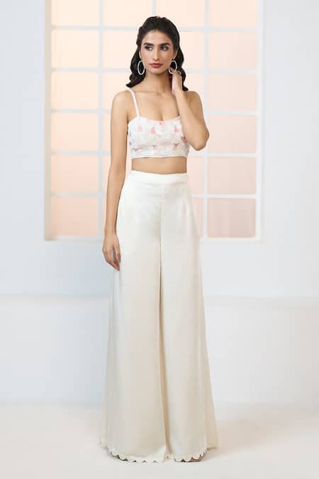 Aariyana Couture_Ivory Modal, Satin Cut Work, Beads, Sequins Embroidered Bustier Palazzo Set _at_Aza_Fashions
