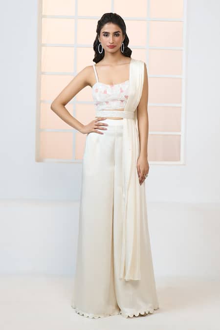 Shop_Aariyana Couture_Ivory Modal, Satin Cut Work, Beads, Sequins Embroidered Bustier Palazzo Set 