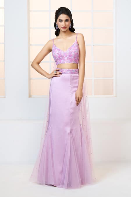 Aariyana Couture Purple Bustier And Drape- Butterfly Net Hand & Fish Cut Skirt Set 