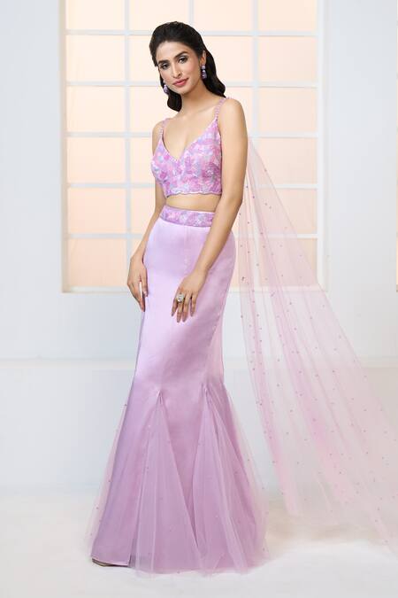 Aariyana Couture_Purple Modal, Satin, Net Draped Embroidered Bustier And Fish Cut Skirt Set_Online_at_Aza_Fashions